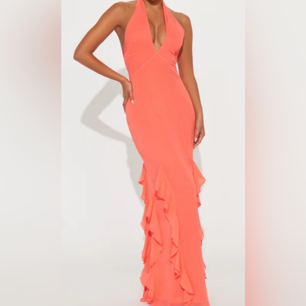 NWT FASHION NOVA Halter Ruffle Hem Dress Sz 1X Dark Salmon Orange
